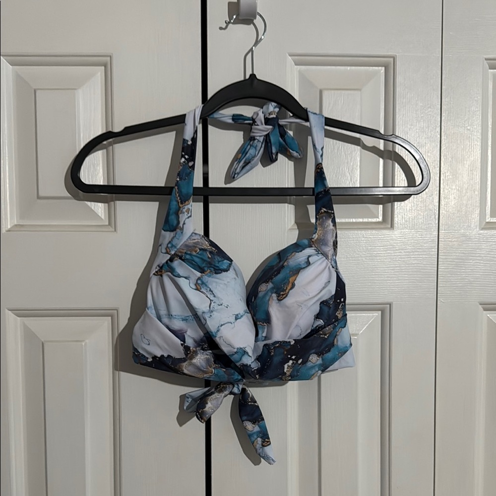 Blue and White Marble Halter Bikini Top